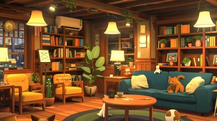 Feline Haven Cozy Cat Cafe with Business Cards Lounge Cats and Bookshelves