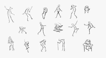 realistic stick figure sketch with different pose and emotions 
