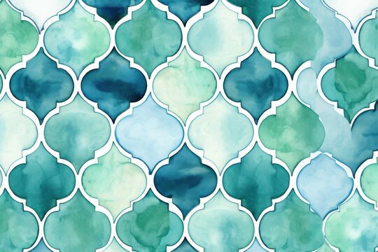 seamless pattern of zellige tiles in shades of blue and green, creating a Moroccan-inspired design