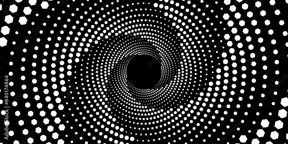 Poster abstract swirling circles of blue hexagons. big data visualization into cyberspace. vortex pattern o
