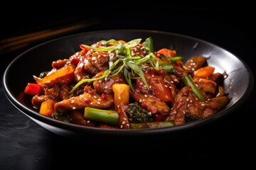 Fototapeta premium sizzling pork stir-fry, with tender pieces of pork, colorful vegetables, and a flavorful sauce.