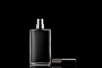 sleek, black perfume bottle with a minimalist label and a silver atomizer.