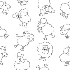 Sheep character cartoon. Seamless pattern. Coloring Page. Cute farm animal. Flower, grass and plant. Vector drawing. Design ornaments.