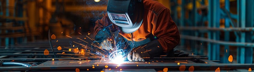 Welder in action, intense sparks flying as metal fuses, dramatic lighting highlights the skill and precision required in industrial craftsmanship