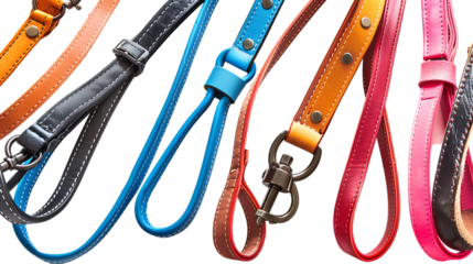 Collage with different pet leashes isolated on transparent background