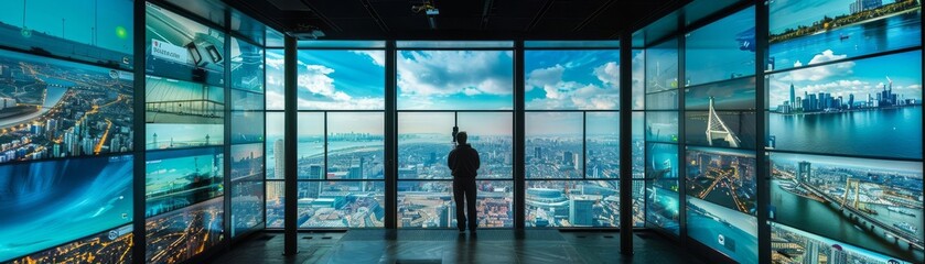 Fototapeta premium Ultramodern surveillance hub with screens covering diverse landscapes and urban scenes, reflecting the power of modern media
