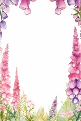 foxglove themed frame or border for photos and text. with tall spires of colorful flowers. watercolor illustration, white color background.