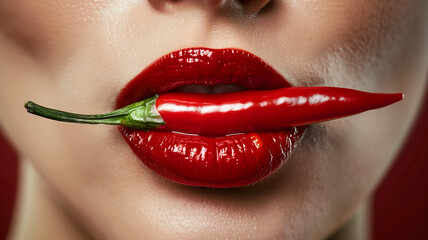 Close-up of red woman lips with a hot chili pepper held between them. Ai generated
