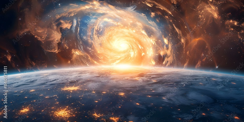 Poster planet approaching turbulent space storm edited for wide format viewing. concept space scenes, scien