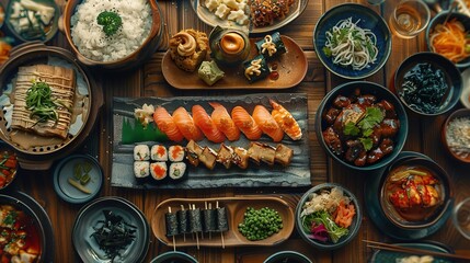 Japanese food photographed from above in a flat lay style Copy space