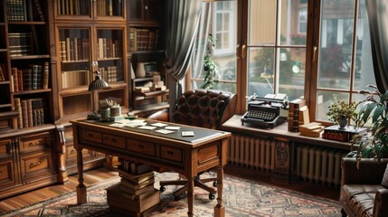 Vintage Writer's Haven Inspiring Workspace with Blank Business Cards Typewriter and Bookshelves