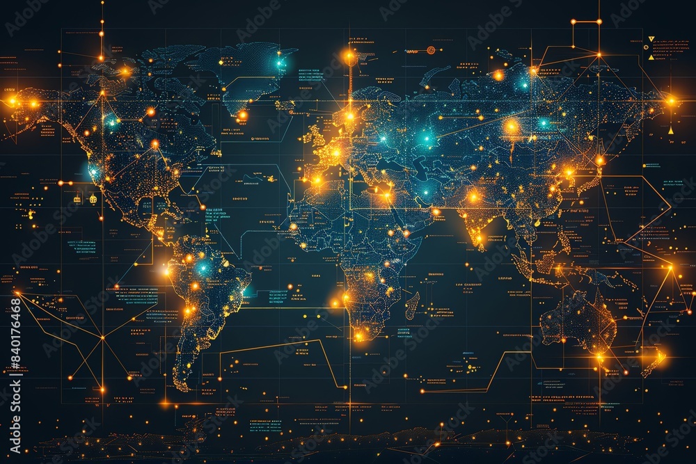 Poster digital world map with glowing data nodes, connections, and network. abstract visualization of globa