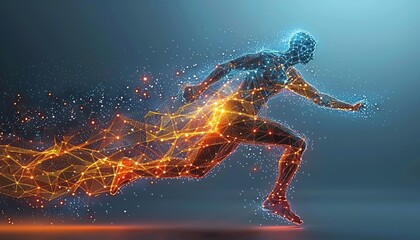 Digital illustration of a futuristic runner in motion, showcasing speed, technology, and innovation through vibrant colors and glowing lines.