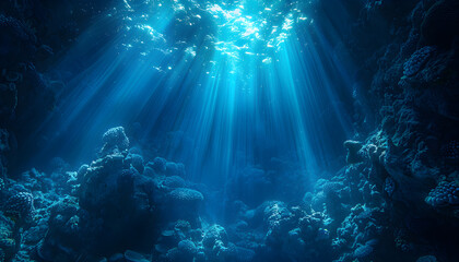 Obraz premium Underwater ocean with a blue abyss, illuminated by sunlight, creating a serene and beautiful diving and scuba background, perfect for marine exploration and aquatic adventures.
