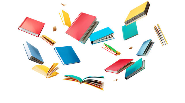 Colorful hardcover books flying isolated on transparent background