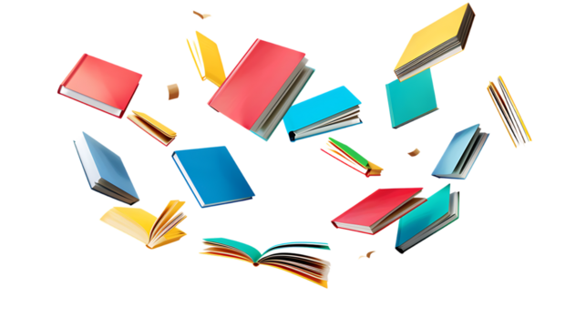 Colorful hardcover books flying isolated on transparent background