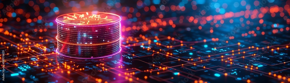 Poster futuristic digital circuit with glowing neon lights and a central data hub, depicting advanced techn