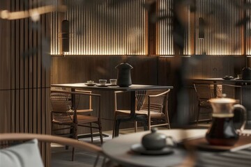 Fototapeta premium interior minimalist and modern hotels, restaurants, cafes, and teahouse characterized by warm lighting, elegant design, and a serene atmosphere