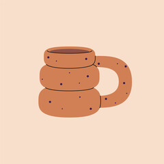 Cute brown cup decorated with speckled pattern. Design of pottery mug with curved round form, interesting shape. Stylish ceramic teacup for tea, coffee, hot drinks. Flat isolated vector illustration