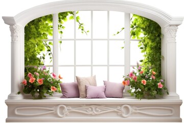 Fototapeta premium Charming bay window with cushioned window seat and blooming flowerpots, nestled amidst lush greenery, isolated on white background.