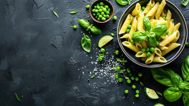 Italian Food Featuring Penne Pasta Pesto Sauce Zucchini Green Peas And Basil Photographed From Above In A Flat Lay Style