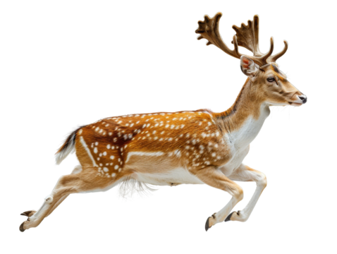 Majestic deer running with large antlers, isolated on white background. Ideal for wildlife, nature, and animal exploration themes.
