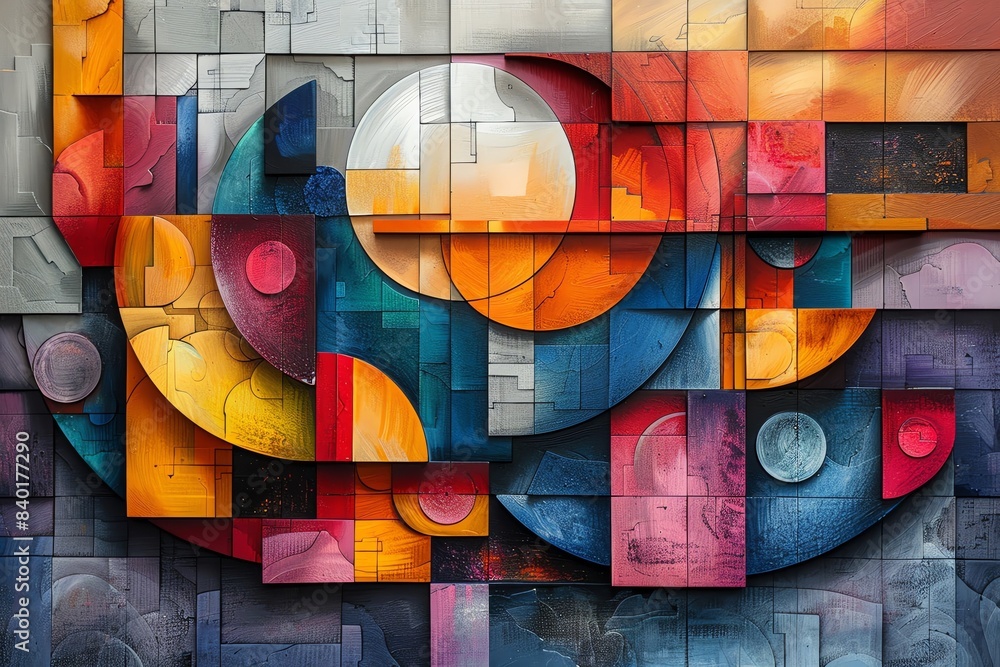 Poster vibrant geometric abstract painting with bold shapes and colors, creating a dynamic and modern visua