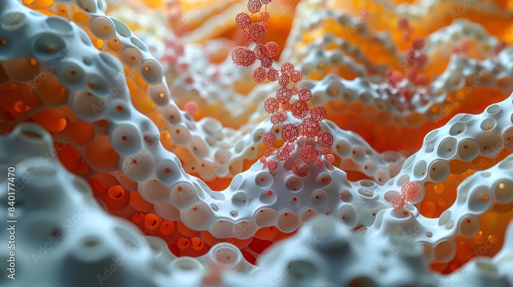 Poster vivid close-up of abstract 3d shapes and textures in orange and white hues, creating a dynamic and o