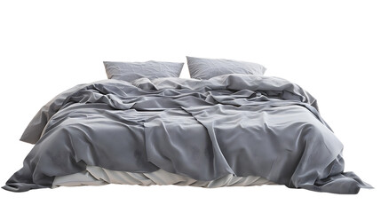 Comfortable gray bed with linens isolated on transparent background