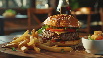 Tasty and delicious burger surrounded by french fries in a warm, mouth-watering atmosphere