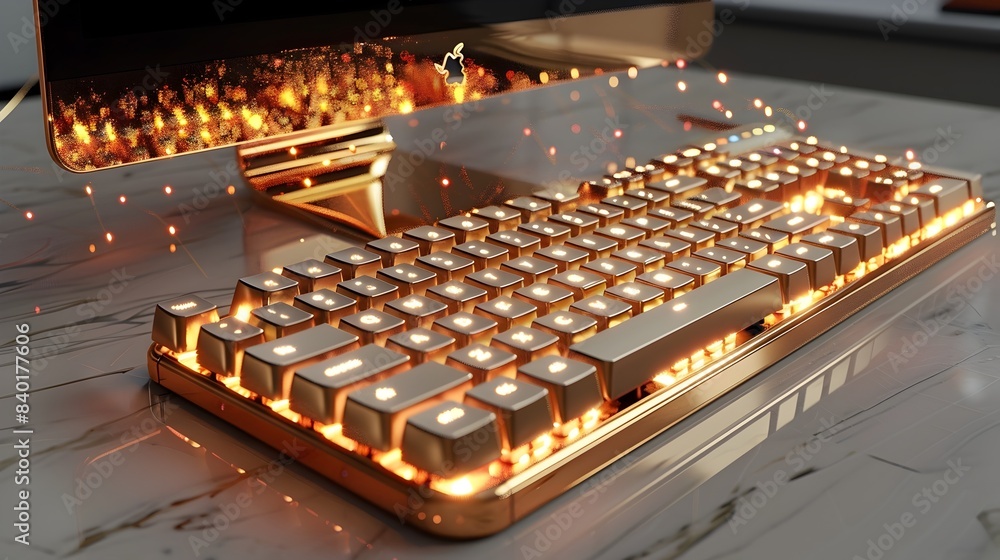 Poster gleaming golden desktop computer for modern digital workspace