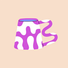 Cute white cup decorated bright twisted form line pattern. Design of pottery mug with curved shape of handle for tea, coffee. Stylish teacup for hot drinks, water. Flat isolated vector illustration