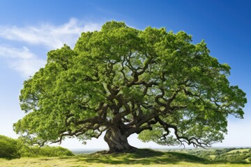 majestic oak tree with its gnarled branches and lush green leaves standing tall against a clear blue sky on white background