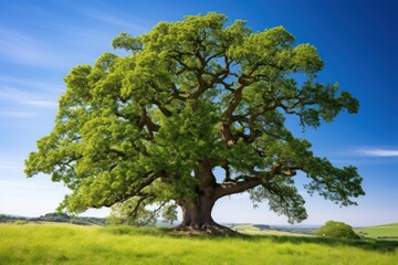 Fototapeta premium majestic oak tree with its gnarled branches and lush green leaves standing tall against a clear blue sky on white background