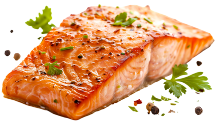 Cooked salmon fillet isolated on transparent background