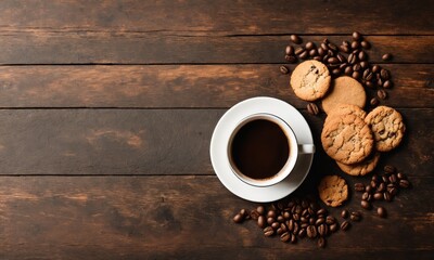 Overhead view of coffee cup, cookies, and coffee beans on a wood table