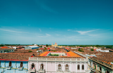Beautiful panoramic view of Granada Cathedral from La Merced Church. Landscape view of the city of...