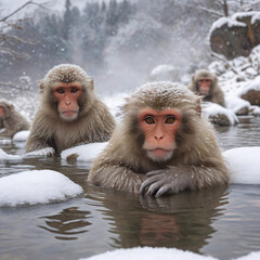 Obraz premium close-up cute baby monkey in Hot Spring mountains of Japan in winter