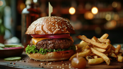 Tasty and delicious burger surrounded by french fries in a warm, mouth-watering atmosphere