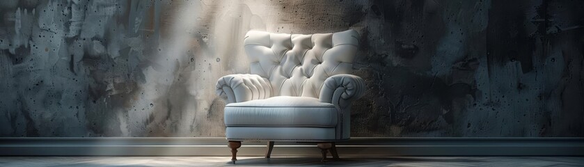 Sophisticated interior featuring a vintage armchair bathed in the glow of a single spotlight, blending luxury with antique charm