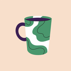 Cute white cup decorated green spots for tea, coffee. Design of pottery mug with abstract shape pattern in minimal style. Stylish teacup for drinks, beverages, water. Flat isolated vector illustration