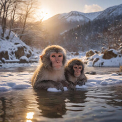 close-up cute baby monkey in Hot Spring mountains of Japan in winter