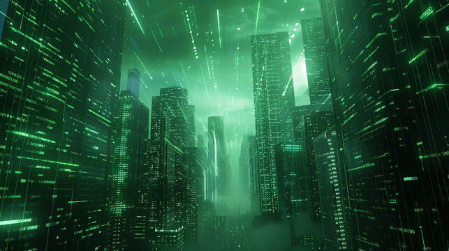 Green matrix city along with skyscrapers and streets