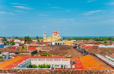 Beautiful panoramic view of the colonial cathedral of Granada from the La Merced church