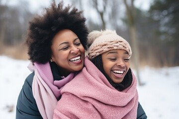 Obraz premium Portrait of a smiling modern mother and daughter of African-American women in knitted hats and sheepskin coats on the street in a city park. Hugging and smiling at the camera.