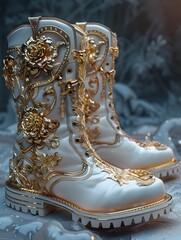 Fototapeta premium Pair of Exquisite Golden Boots with Intricate Metallic Detailing in a Minimalist Studio Setting