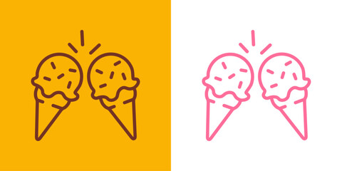 Logo ice cream. Silueta con líneas de bola de helado en cono de waffle sabores fresa y chocolate haciendo un brindis