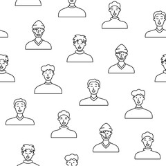 Men avatars. Seamless pattern. Coloring Page. Portrait of casual male with different hairstyles and outfits. User profiles. Hand drawn style. Vector drawing. Design ornaments.