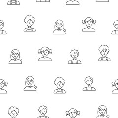 Kids different user profile. Seamless pattern. Coloring Page. Pretty girl and boy. Young people. Vector drawing. Design ornaments.