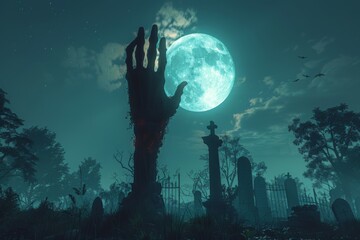 Obraz premium Undead limb emerging from tomb in cemetery